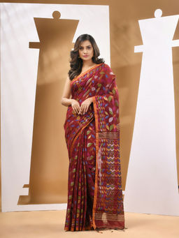 CHARUKRITI - Dark Red Cotton Blend Handloom Woven Saree with Unstitched Blouse