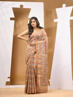 CHARUKRITI - Dark Beige Cotton Blend Handloom Woven Saree with Unstitched Blouse