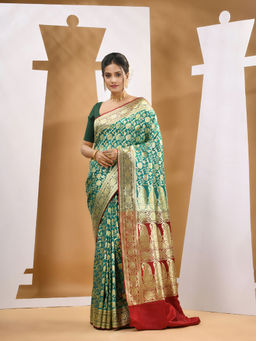 CHARUKRITI - Teal Silk Banarasi Zari Saree with Unstitched Blouse