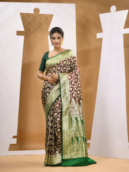 CHARUKRITI - Wine Silk Banarasi Ethnic Motifs Saree with Unstitched Blouse