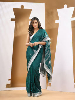 CHARUKRITI - Teal Green Cotton Handloom Woven Saree with Unstitched Blouse