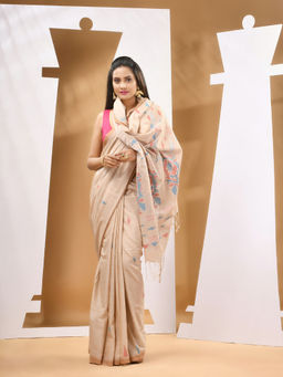 CHARUKRITI - Light Beige Cotton Handwoven Woven Saree with Unstitched Blouse