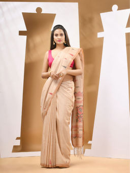 CHARUKRITI - Beige Cotton Handwoven Woven Saree with Unstitched Blouse