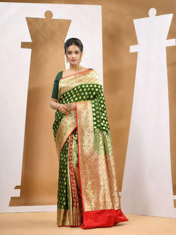 CHARUKRITI - Sap Green Katan Silk Banarasi Saree with Unstitched Blouse