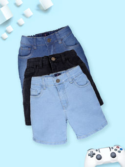 KiddoPanti - Boys Multi-Color Denim Solid Mild Washed Shorts (Pack of 3)