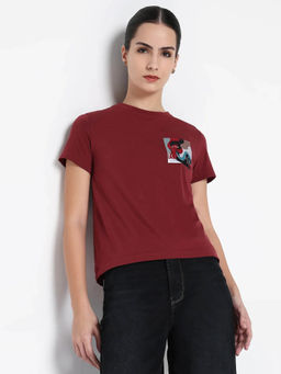 RAREISM - Women Inki Primary Maroon Regular T-Shirt