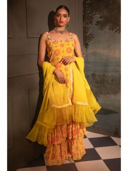 Neha Khullar - Yellow Georgette Kurti Sharara with Dupatta (Set of 3)