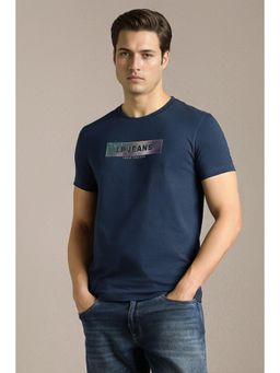 Louis Philippe - Men Navy Blue Cotton Slim Fit T-Shirt