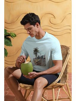 Peter England - Men Blue Cotton Blend Regular Fit T-Shirt