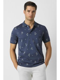 Peter England - Men Navy Blue Cotton Blend Regular Fit Polo T-Shirt