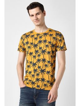 Peter England - Men Yellow Cotton Blend Regular Fit T-Shirt
