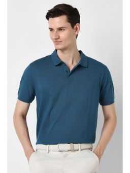 Peter England - Men Blue Cotton Blend Regular Fit Polo T-Shirt