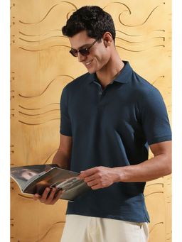 Peter England - Men Navy Blue Cotton Blend Regular Fit Polo T-Shirt