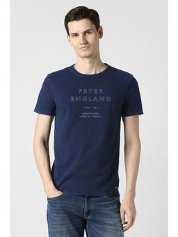 Peter England - Men Navy Blue Cotton Fitted Fit T-Shirt