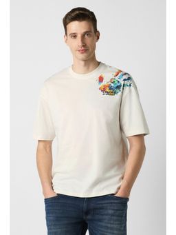 Peter England - Men Off White Cotton Regular Fit T-Shirt