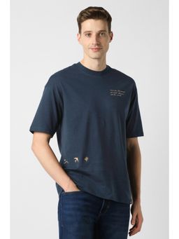Peter England - Men Navy Blue Cotton Blend Regular Fit T-Shirt