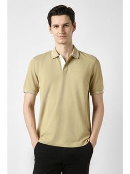 Peter England - Men Beige Cotton Blend Regular Fit Polo T-Shirt