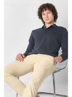 Van Heusen - Men Navy Blue Cotton Blend Regular Fit Polo T-Shirt