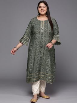 Extra love by Libas - Plus Size Women Grey Printed Silk Straight Kurtas for Women