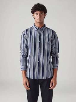 Levi's - Men Navy Blue-Grey Striped Slim Fit Shirt