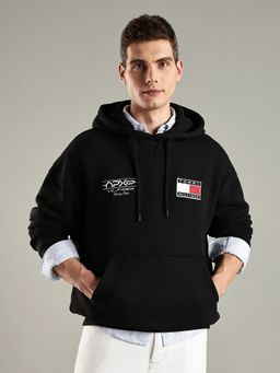 Tommy Hilfiger - Men Black Embroidered Relaxed Fit Cotton Hoodie
