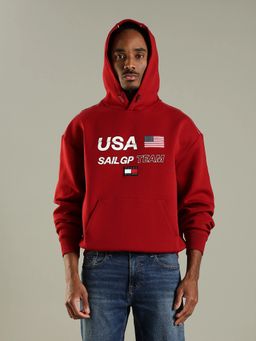 Tommy Hilfiger - Men Red Typography Relaxed Fit Cotton Hoodie
