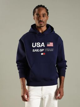 Tommy Hilfiger - Men Navy Blue Typography Relaxed Fit Cotton Hoodie