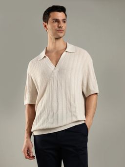 Tommy Hilfiger - Men Beige Textured Relaxed Fit Wool Polo T-shirt