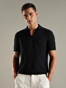 Tommy Hilfiger - Men Black Textured Regular Fit Polyester Polo T-shirt