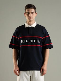 Tommy Hilfiger - Men Navy Blue Typography Relaxed Fit Cotton Polo T-shirt