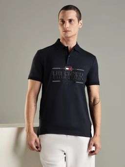 Tommy Hilfiger - Men Navy Blue Typography Regular Fit Cotton Polo T-shirt