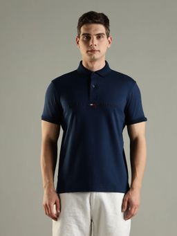 Tommy Hilfiger - Men Navy Blue Typography Regular Fit Cotton Polo T-shirt