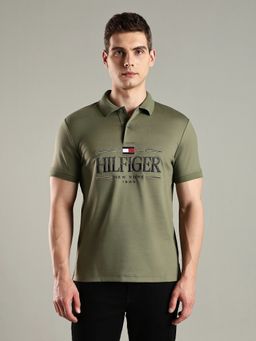 Tommy Hilfiger - Men Olive Typography Regular Fit Cotton Polo T-shirt