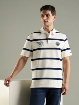 Tommy Hilfiger - Men White Striped Relaxed Fit Cotton Polo T-shirt