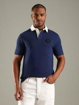 Tommy Hilfiger - Men Navy Blue Typography Regular Fit Cotton Polo T-shirt