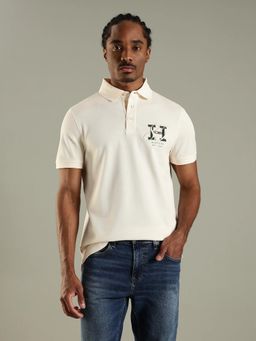 Tommy Hilfiger - Men Off White Embroidered Logo Regular Fit Cotton Polo T-shirt
