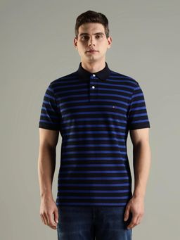 Tommy Hilfiger - Men Navy Blue Striped Regular Fit Cotton Polo T-shirt