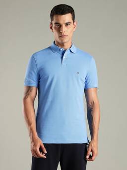 Tommy Hilfiger - Men Powder Blue Solid Regular Fit Cotton Polo T-shirt