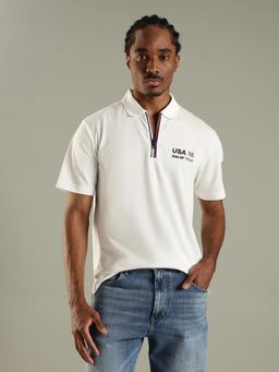 Tommy Hilfiger - Men Off White Logo Relaxed Fit Cotton Zipper Polo T-shirt