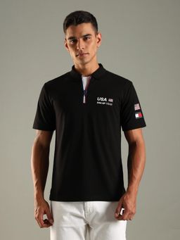 Tommy Hilfiger - Men Black Logo Relaxed Fit Cotton Zipper Polo T-shirt