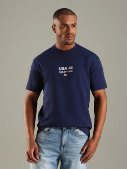 Tommy Hilfiger - Men Navy Blue Typography Relaxed Fit Cotton T-shirt