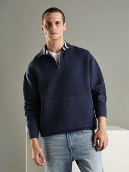 Tommy Hilfiger - Men Navy Blue Self Design Boxy Fit Cotton Sweatshirt