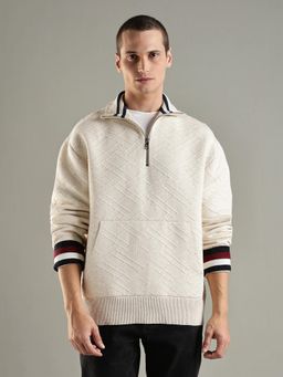 Tommy Hilfiger - Men Off White Self Design Boxy Fit Cotton Sweatshirt