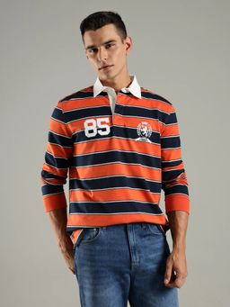 Tommy Hilfiger - Men Orange Striped Relaxed Fit Cotton Polo T-shirt