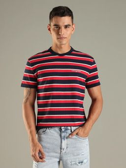 Tommy Hilfiger - Men Red-Navy Blue Striped Regular Fit Cotton T-shirt