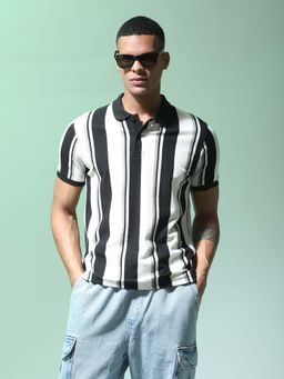 Flying Machine - Men White and Black Vertical Striped Cotton Polo T-shirt