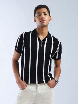 Flying Machine - Men Black Vertical Striped Polo T-shirt