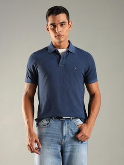 Tommy Hilfiger - Men Navy Blue Solid Regular Fit Cotton Polo T-shirt