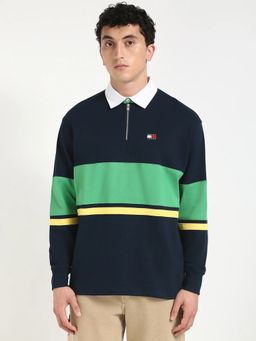 Tommy Hilfiger - Men Navy Blue-Green Colorblock Relaxed Fit Cotton Sweatshirt