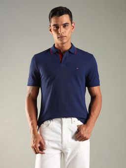Tommy Hilfiger - Men Navy Blue Solid Regular Fit Cotton Polo T-shirt